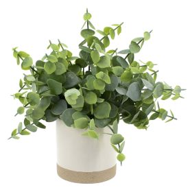 8" Artificial Green Eucalyptus Plant in Two-Tone Glazed Ceramic Planter