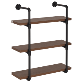 HOMCOM 3-Tier Industrial Pipe Shelves, Floating Wall Mounted Bookshelf, Metal Frame Display Rack for Living Room or Bedroom, Rustic Brown